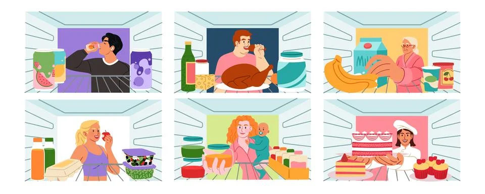 Open fridge. Refrigerator inside view. Character looking at food on shelves Stock Illustration
