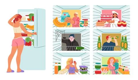 Open fridge. Refrigerator inside view. People looking at food on shelving Stock Illustration