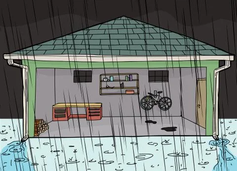 Open Garage at Night During Storm Stock Illustration