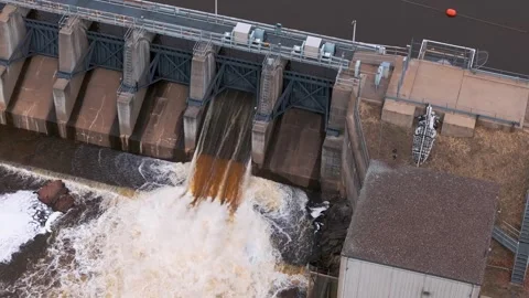 Open gate at Jim Falls dam in Wisconsin Stock Footage 305773860