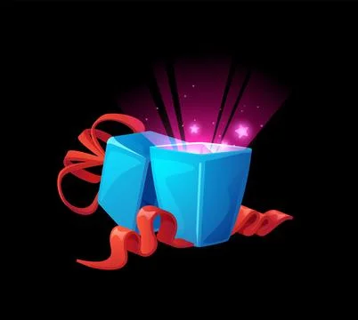 Open gift blue box decorated red bow with glow from inside, vector GUI surprise イラスト素材