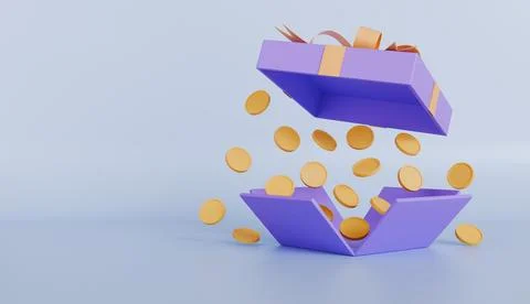 Open gift box and falling gold coins, money prize reward concept Stock Illustration