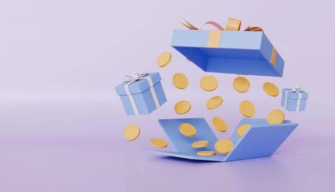 Open gift box and falling gold coins, money prize reward concept Stock Illustration