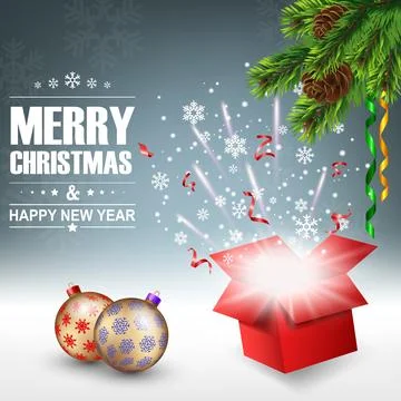 Open Gift Box with Bright Light and Confetti, Christmas Background, Vector .. Stock Illustration