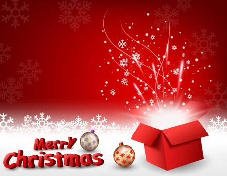 Open Gift Box with Bright Light and Confetti, Christmas Background, Vector .. Illustrazione stock
