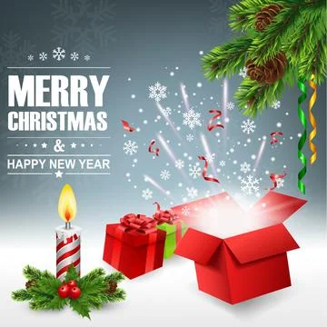 Open Gift Box with Bright Light and Confetti, Christmas Background, Vector .. Stock Illustration