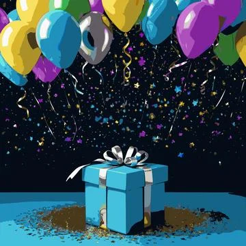 Open gift box with floating balloons and confetti falling Stock Illustration