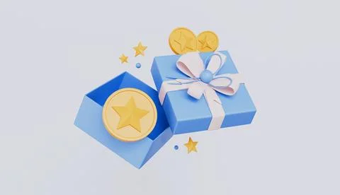 Open gift box with floating gold coin, Money prize reward, Cash surprise Stock Illustration