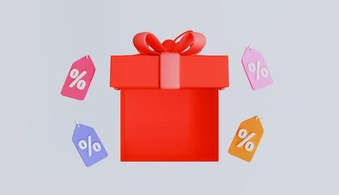 Open gift box with floating price tags, Win prize for purchase in store Stock Illustration