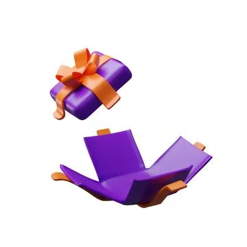 Open gift box flying lid in purple orange colors Stock Illustration