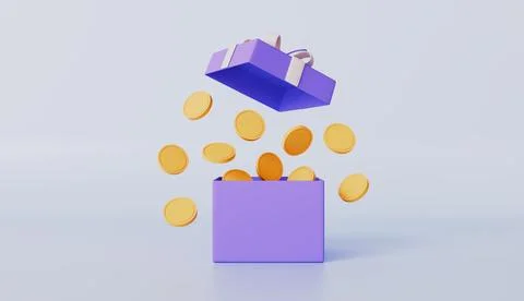 Open Gift Box Full of Gold Coins, Casino or Online Games Bonus, Money Prize Stock Illustration