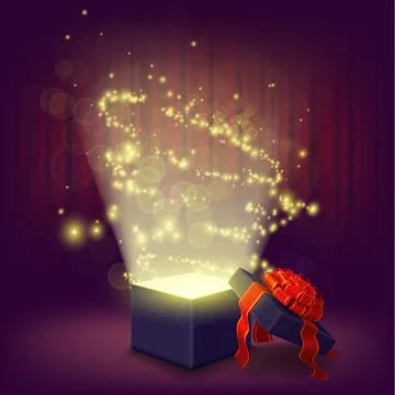 Open gift box with glowing inside. Vector illustration. Illustrazione stock