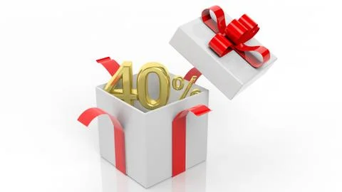 Open gift box with gold 40 percent number in it, isolated on white background Stock Photos