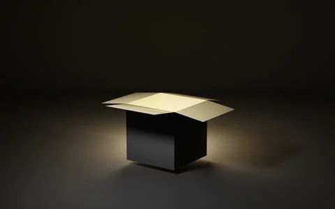 Open gift box with gold glow on dark background, secret Birthday or Christmas Stock Illustration