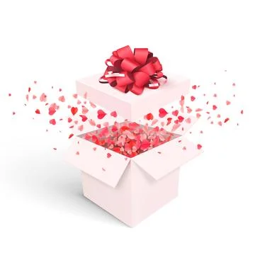 Open Gift Box with Hearts Confetti Burst. Valentines Day Stock Illustration