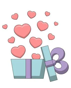 Open gift box with hearts. Draw illustration in color Illustrazione stock