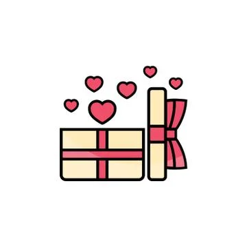 Open gift box with hearts icon flat. Love stories symbol. Valentines day conc Stock Illustration