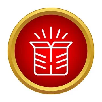 Open gift box icon with radiating lines on round button Stock Illustration