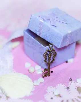 Open gift box with a key Stock Photos