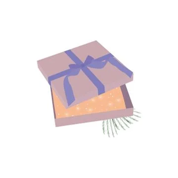Open gift box with lavender bow isolated on white background. Vector illustra 스톡 일러스트