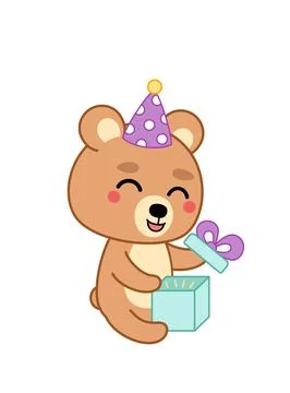 Open gift box. Little bear is opening present in Birthday. Cartoon, kawaii Stock Illustration