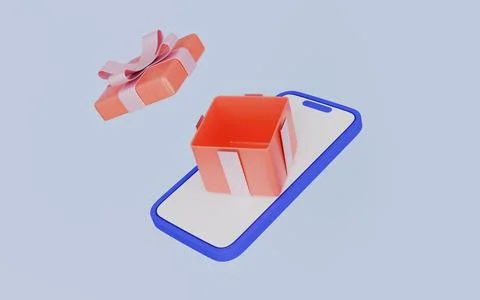 Open gift box via mobile shopping online concept 3d illustration イラスト素材