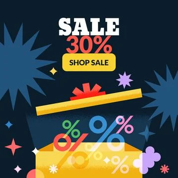 Open gift box with multicolor percent symbols. Sale promotion banner, poster, Stock-Illustration