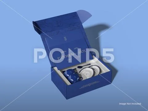 Open Gift Box Packaging Mockup with Tea Set and Accessories PSD Template