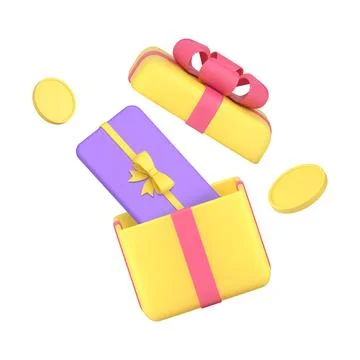 Open gift box with present and coin money win award holiday surprise 3d icon  Stock Illustration
