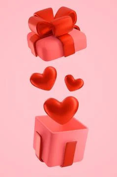 An open gift box with a red bow and 3d hearts flying out Stock Illustration