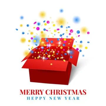 Open gift box with red ribbon colorful confetti Stock Illustration