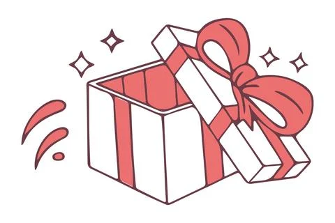 Open gift box with red ribbon and sparkling effect isolated on white backgrou 스톡 일러스트