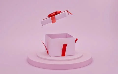 Open gift box with red ribbon on presentation podium with pink color backgrou Stock Illustration