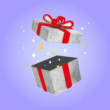 Open gift box with surprise elements. Festive vector collage for holiday, c.. Stock Illustration