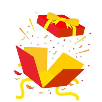Open gift box vector illustration with yellow bow and abstract party decorati 스톡 일러스트