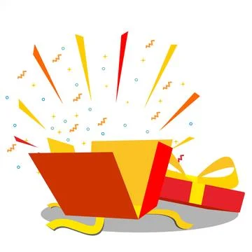 Open gift box vector illustration with yellow bow and abstract party decorati 库存插图