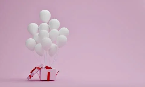 Open gift box with white balloon on pastel pink background. Valentine or spec Stock Photos