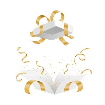 Open Gift Boxes with Metallic Gold Ribbons, Geometric Celebratory 3D Vector.. Stock Illustration