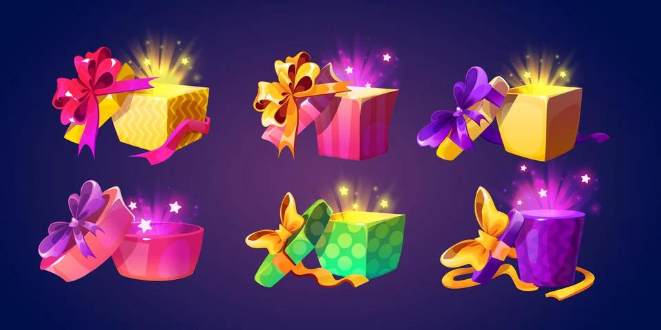 Open gift boxes set with glowing magical light Stock Illustration