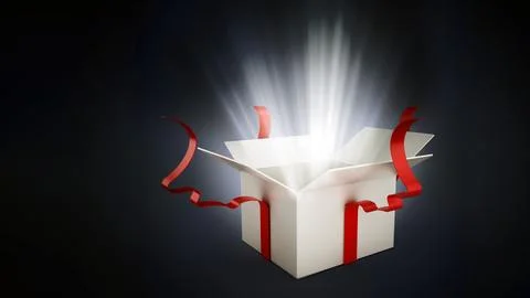 Open giftbox with a white glow on dark background. 3D illustration Stock Illustration