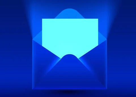 Open glowing blue envelope with blank paper. Abstract communication message Illustrazione stock