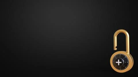 Open gold padlock with figures on black background 3d rendering image Stock Illustration