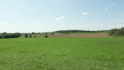 Open grassy field with distant cultivated dirt patch, Moselle, France 스톡 동영상 291936064