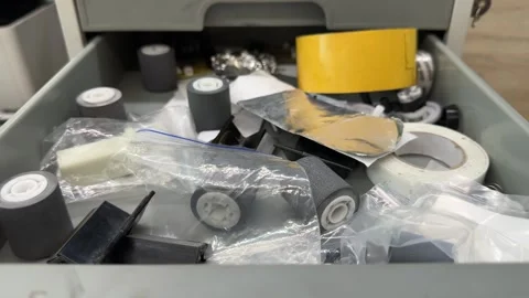 An open gray drawer holds printer spare parts, rubber rollers, tape  Stock-Footage 341950432