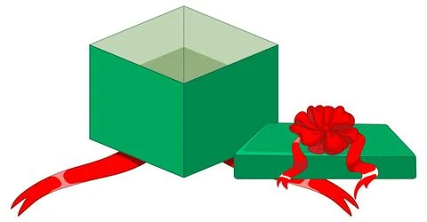 Open Green Gift Box with Red Ribbon and Lid Stock Illustration