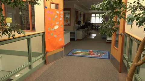 Open Hallways Doors in Empty Elementary School Stock Footage 92674697