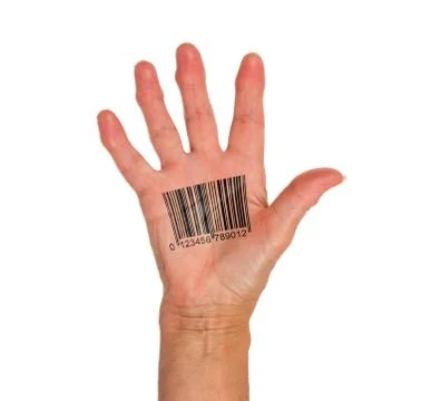 Open hand with barcode Stock-Fotos