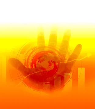 Open hand with futuristic holographic interface on abstract background Conc.. イラスト素材