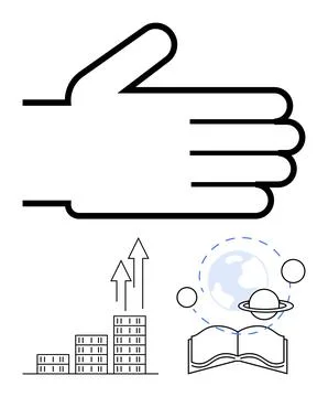 Open hand as help, growth chart with arrows, globe with orbits, and book conv Stock Illustration