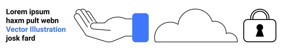 Open hand holding a cloud with a blue square, accompanied by a padlock. Ideal Stock Illustration